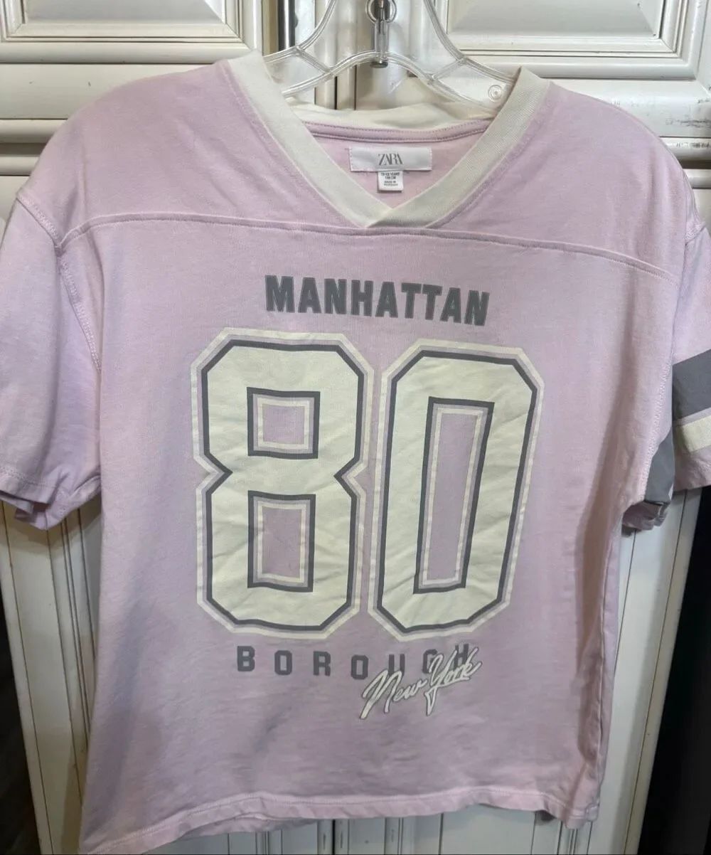 Zara Girls Varsity Slogan V-Neck Short Sleeve T-Shirt Pink White Size 12-13